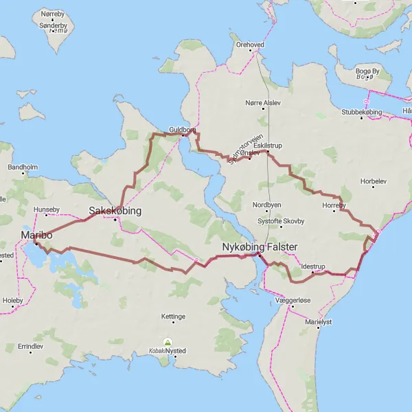Map miniature of "Maribo to Nykøbing Falster Adventure" cycling inspiration in Sjælland, Denmark. Generated by Tarmacs.app cycling route planner