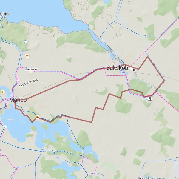 Map miniature of "Maribo Gravel Adventure" cycling inspiration in Sjælland, Denmark. Generated by Tarmacs.app cycling route planner