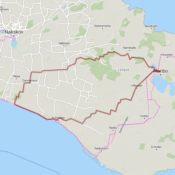 Map miniature of "Maribo to Kramnitse Loop" cycling inspiration in Sjælland, Denmark. Generated by Tarmacs.app cycling route planner