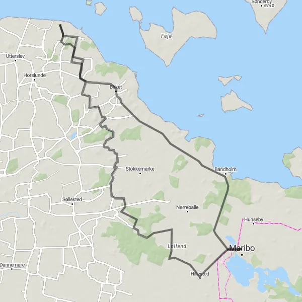 Map miniature of "Maribo to Fyn" cycling inspiration in Sjælland, Denmark. Generated by Tarmacs.app cycling route planner