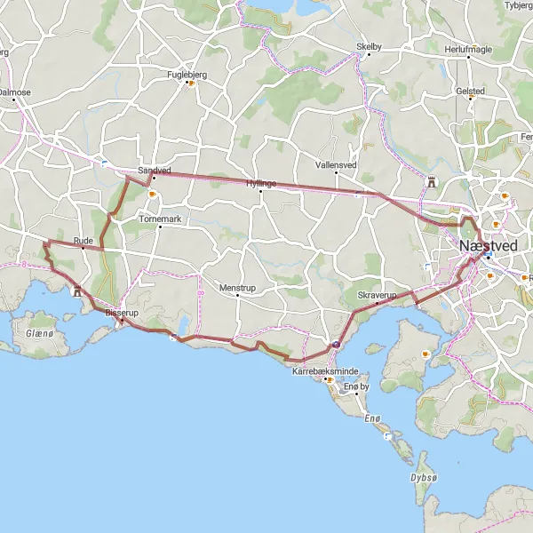 Map miniature of "Næstved Munkebakkens tårn Holsteinborg Nor Sandved Hyllinge Næstved" cycling inspiration in Sjælland, Denmark. Generated by Tarmacs.app cycling route planner