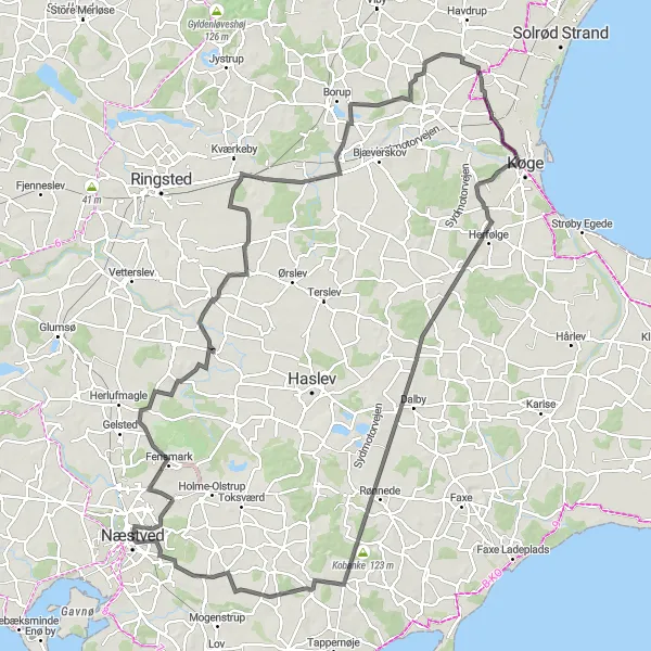 Map miniature of "Køge Coastal Ride" cycling inspiration in Sjælland, Denmark. Generated by Tarmacs.app cycling route planner