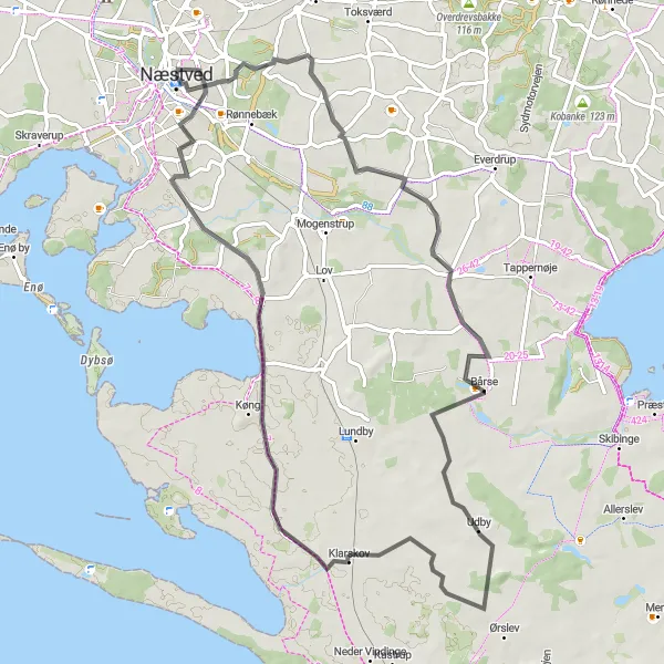 Map miniature of "Køng and Udby Loop" cycling inspiration in Sjælland, Denmark. Generated by Tarmacs.app cycling route planner