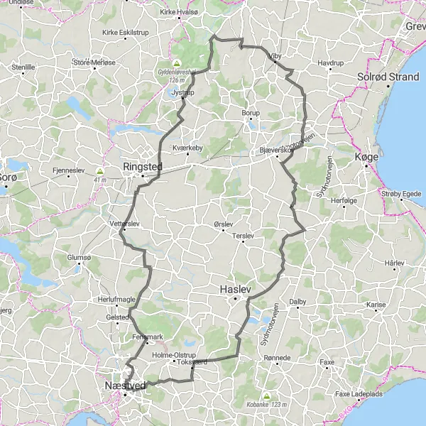 Map miniature of "Ortved and Gisselfeld Exploration" cycling inspiration in Sjælland, Denmark. Generated by Tarmacs.app cycling route planner