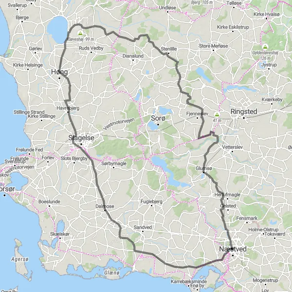 Map miniature of "Scenic Loop from Næstved" cycling inspiration in Sjælland, Denmark. Generated by Tarmacs.app cycling route planner