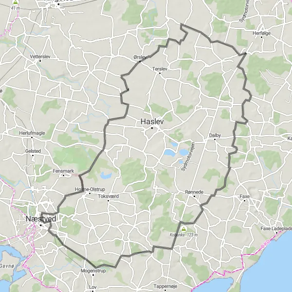 Map miniature of "Næstved Teestrup Ringsbjerg Tågerup Kobanke Munkebakkens tårn" cycling inspiration in Sjælland, Denmark. Generated by Tarmacs.app cycling route planner