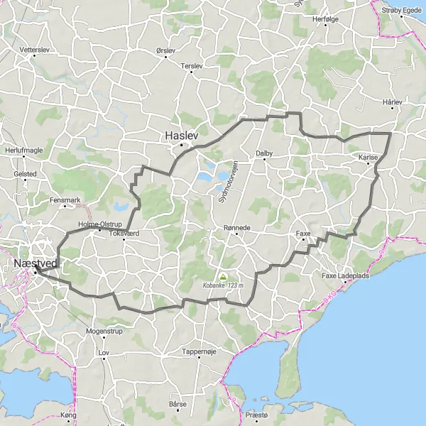 Map miniature of "Næstved Munkebakkens tårn Freerslev Alslev Fakse Kalkbrud Faxe Leestrup Skovbakke Næstve" cycling inspiration in Sjælland, Denmark. Generated by Tarmacs.app cycling route planner