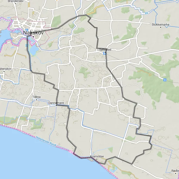 Map miniature of "Nakskov to Søllested Extended Loop" cycling inspiration in Sjælland, Denmark. Generated by Tarmacs.app cycling route planner