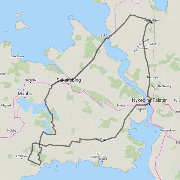 Map miniature of "Nørre Alslev - Nykøbing Falster - Øster Ulslev - Sløsse - Sakskøbing - Guldborg - Nørre Grimmelstrup Route" cycling inspiration in Sjælland, Denmark. Generated by Tarmacs.app cycling route planner