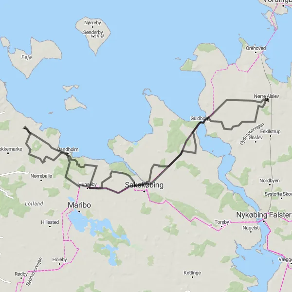 Map miniature of "Nørre Alslev - Øster Kippinge - Sakskøbing - Hunseby - Bandholm - Våbensted - Guldborg Route" cycling inspiration in Sjælland, Denmark. Generated by Tarmacs.app cycling route planner
