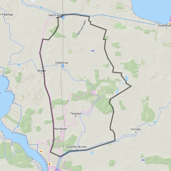 Map miniature of "Nørre Alslev - Virket - Systofte Skovby - Ønslev Route" cycling inspiration in Sjælland, Denmark. Generated by Tarmacs.app cycling route planner