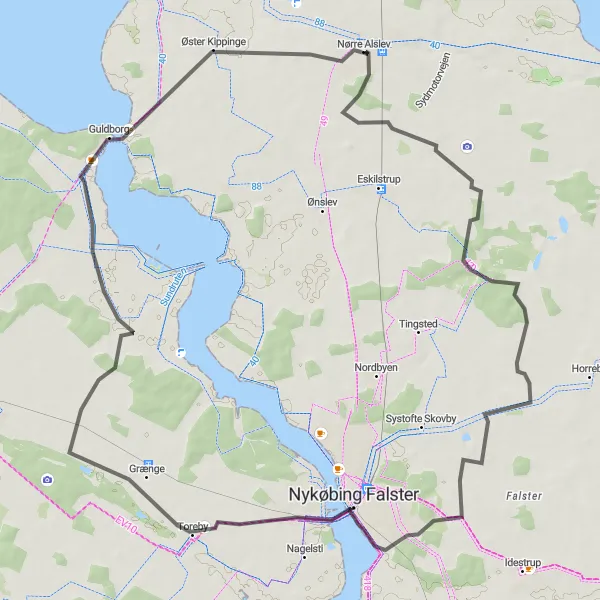 Map miniature of "Nørre Alslev - Torkilstrup Stubmølle - Sønder Vedby Skovhuse - Sundby - Grænge - Øster Kippinge Route" cycling inspiration in Sjælland, Denmark. Generated by Tarmacs.app cycling route planner