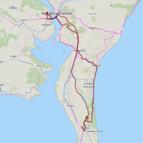 Map miniature of "Gedesby to Nykøbing Falster Gravel Cycling Route" cycling inspiration in Sjælland, Denmark. Generated by Tarmacs.app cycling route planner