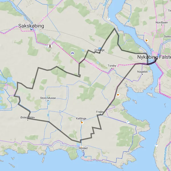 Map miniature of "Nykøbing Falster to Sundby Road Cycling Route" cycling inspiration in Sjælland, Denmark. Generated by Tarmacs.app cycling route planner
