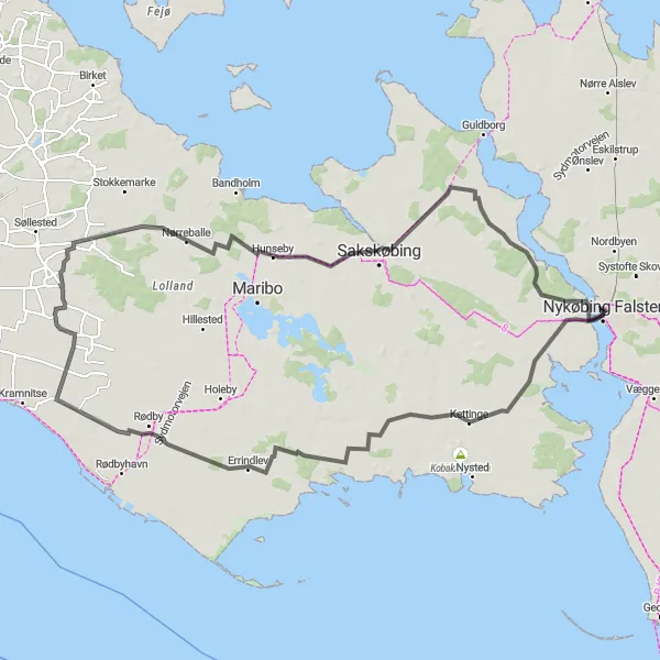 Map miniature of "Nykøbing Falster to Sakskøbing Road Cycling Route" cycling inspiration in Sjælland, Denmark. Generated by Tarmacs.app cycling route planner