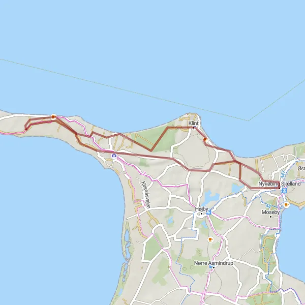 Map miniature of "Dyrehøj and Lumsås Gravel Adventure" cycling inspiration in Sjælland, Denmark. Generated by Tarmacs.app cycling route planner