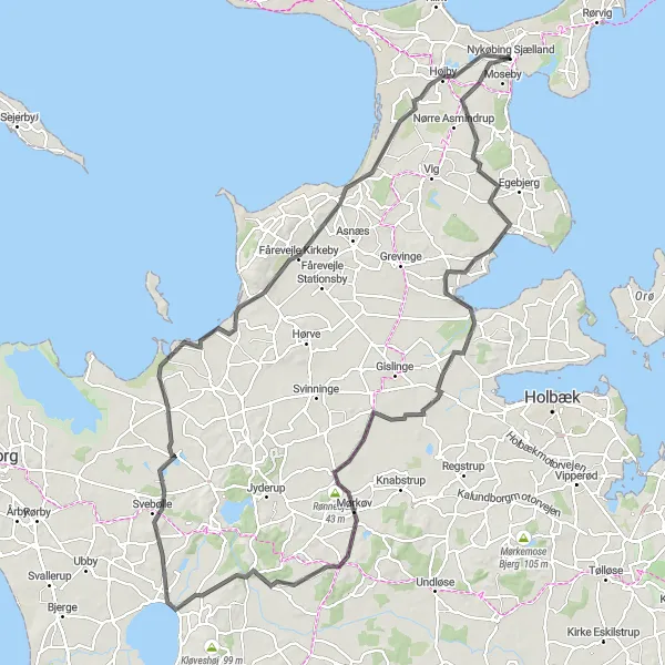Map miniature of "Legends of Western Zealand" cycling inspiration in Sjælland, Denmark. Generated by Tarmacs.app cycling route planner