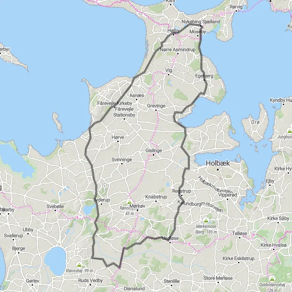 Miniaturekort af cykelinspirationen "Kongestien Historic Route" i Sjælland, Denmark. Genereret af Tarmacs.app cykelruteplanlægger