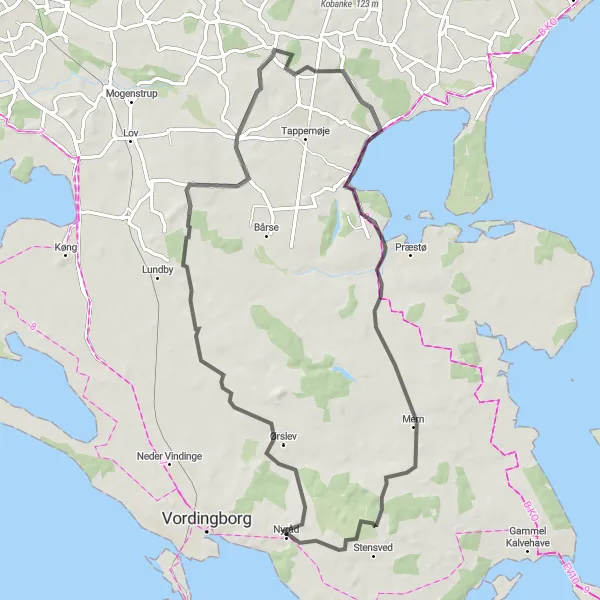 Map miniature of "Nyråd to Stege" cycling inspiration in Sjælland, Denmark. Generated by Tarmacs.app cycling route planner
