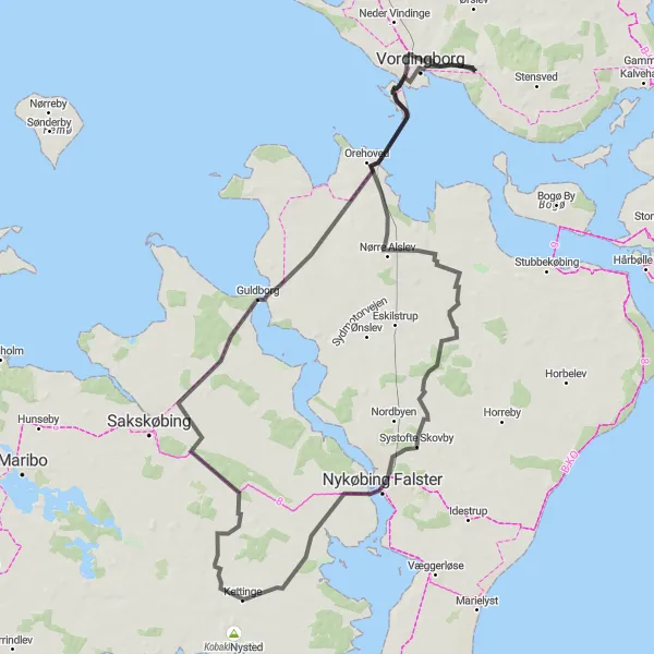 Map miniature of "Nyråd - Vordingborg - Nykøbing Falster Loop" cycling inspiration in Sjælland, Denmark. Generated by Tarmacs.app cycling route planner