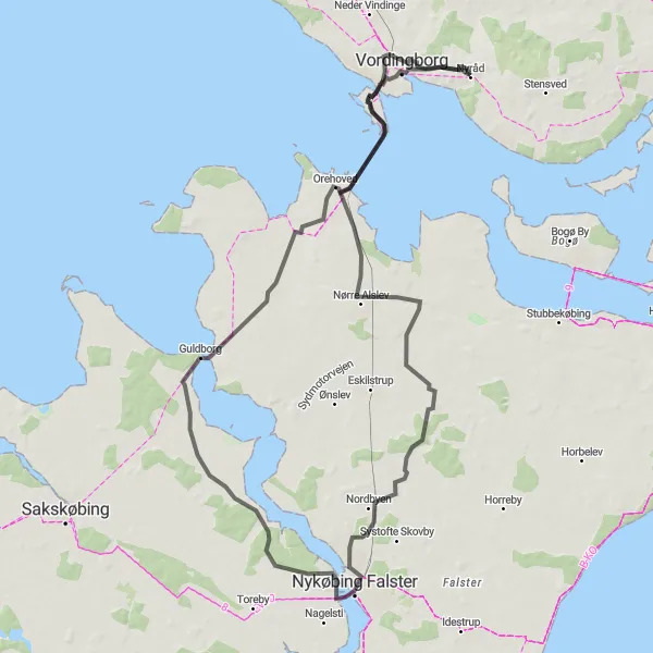 Map miniature of "Nyråd - Vordingborg - Nykøbing Falster" cycling inspiration in Sjælland, Denmark. Generated by Tarmacs.app cycling route planner