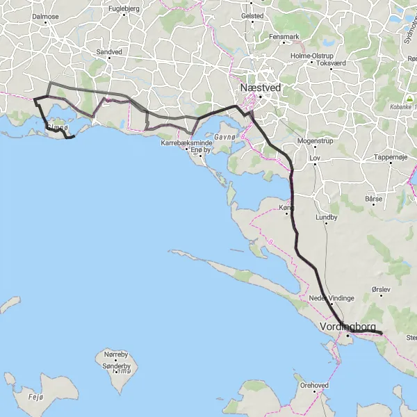 Map miniature of "Nyråd - Vordingborg Round-trip" cycling inspiration in Sjælland, Denmark. Generated by Tarmacs.app cycling route planner