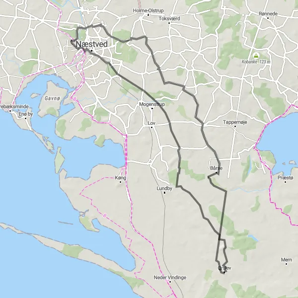 Map miniature of "Ørslev to Udby Thrilling Road Route" cycling inspiration in Sjælland, Denmark. Generated by Tarmacs.app cycling route planner