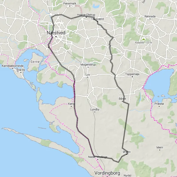 Map miniature of "Ørslev to Udby Road Adventure" cycling inspiration in Sjælland, Denmark. Generated by Tarmacs.app cycling route planner