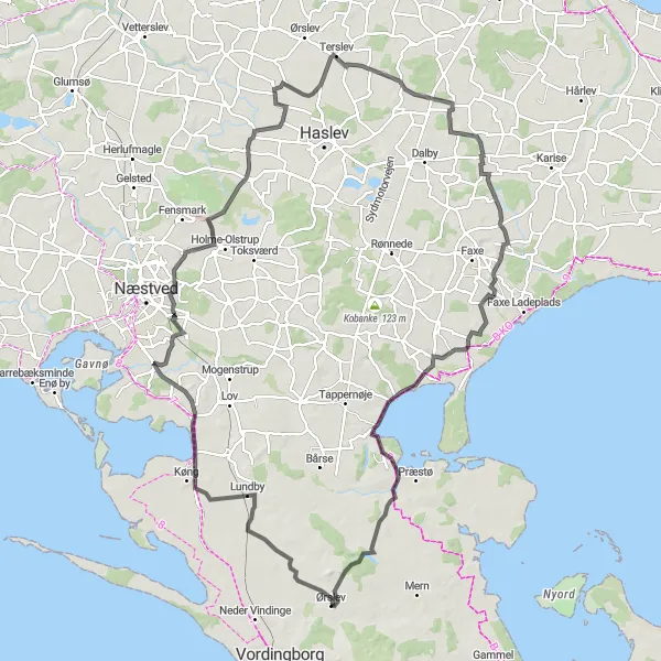 Map miniature of "The Scenic Detour" cycling inspiration in Sjælland, Denmark. Generated by Tarmacs.app cycling route planner
