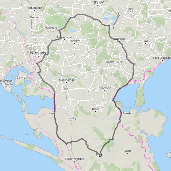 Map miniature of "The Historical Discovery Ride" cycling inspiration in Sjælland, Denmark. Generated by Tarmacs.app cycling route planner