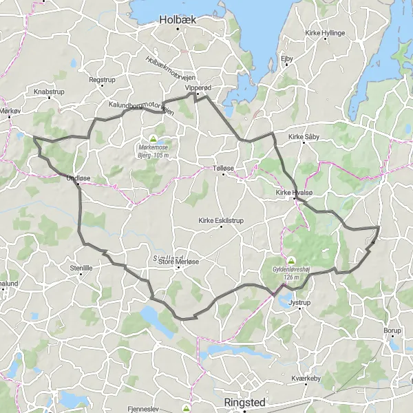 Map miniature of "Allindelille Round-trip" cycling inspiration in Sjælland, Denmark. Generated by Tarmacs.app cycling route planner