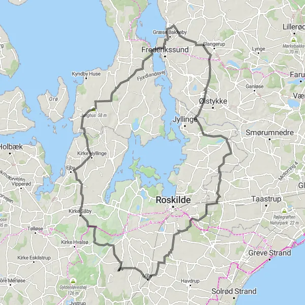 Map miniature of "Kirke Såby Round-trip" cycling inspiration in Sjælland, Denmark. Generated by Tarmacs.app cycling route planner