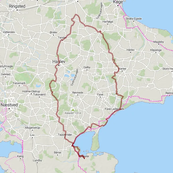 Map miniature of "Gravel Adventure from Præstø to Faxe Ladeplads" cycling inspiration in Sjælland, Denmark. Generated by Tarmacs.app cycling route planner