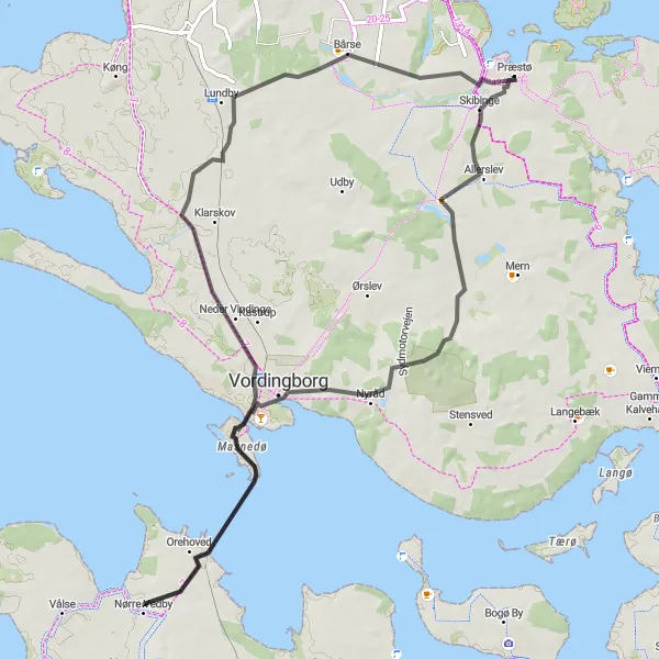 Map miniature of "Præstø to Neder Vindinge Loop" cycling inspiration in Sjælland, Denmark. Generated by Tarmacs.app cycling route planner