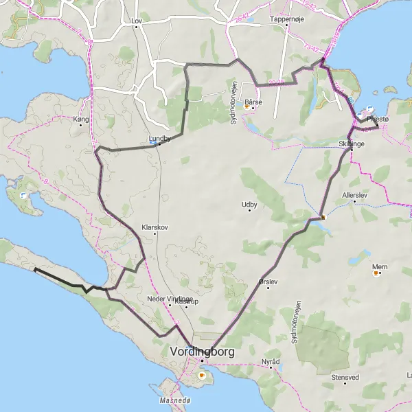 Map miniature of "Præstø to Oreby Loop" cycling inspiration in Sjælland, Denmark. Generated by Tarmacs.app cycling route planner