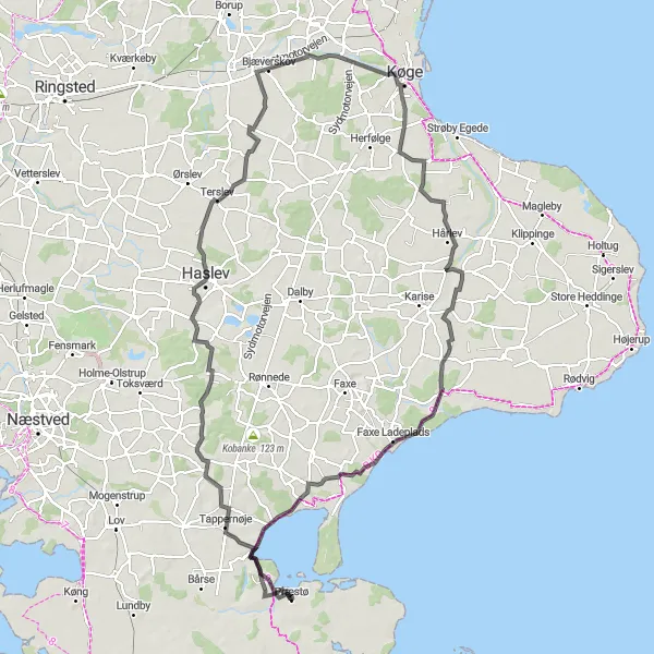 Map miniature of "Nysø to Vallø Slot Loop" cycling inspiration in Sjælland, Denmark. Generated by Tarmacs.app cycling route planner