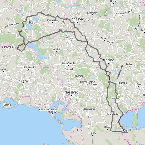 Map miniature of "Challenge Yourself on the Kobanke and Udsigtspunkt Route" cycling inspiration in Sjælland, Denmark. Generated by Tarmacs.app cycling route planner