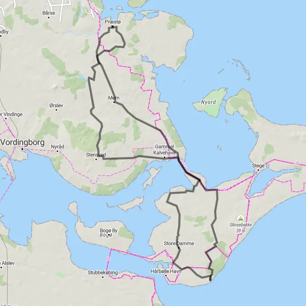 Map miniature of "Præstø to Skibinge via Damsholte" cycling inspiration in Sjælland, Denmark. Generated by Tarmacs.app cycling route planner