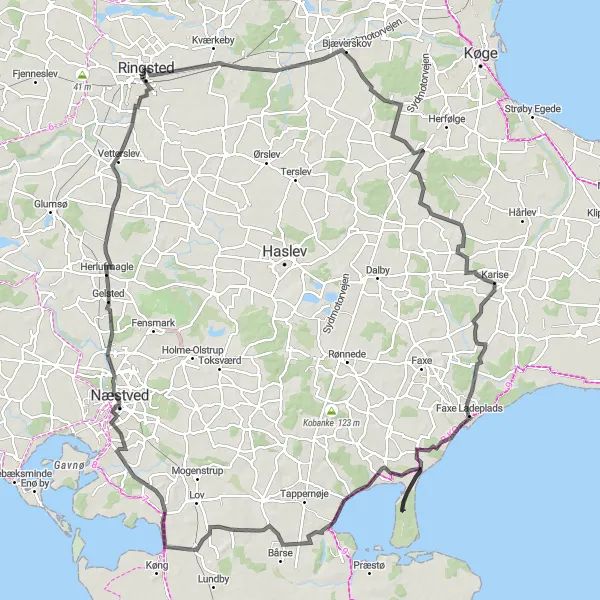 Map miniature of "Ringsted to Næstved Loop" cycling inspiration in Sjælland, Denmark. Generated by Tarmacs.app cycling route planner