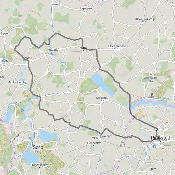 Map miniature of "Ringsted to Bedskov Huse Loop" cycling inspiration in Sjælland, Denmark. Generated by Tarmacs.app cycling route planner