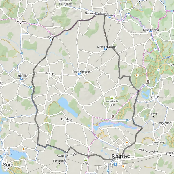Map miniature of "Ringsted to Benløse Loop" cycling inspiration in Sjælland, Denmark. Generated by Tarmacs.app cycling route planner