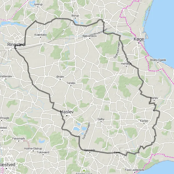 Map miniature of "Scenic beauty of southern Zealand" cycling inspiration in Sjælland, Denmark. Generated by Tarmacs.app cycling route planner