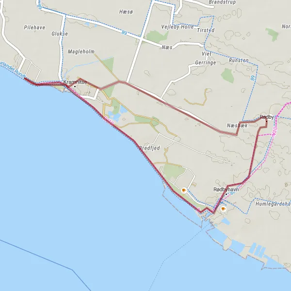 Map miniature of "Coastal Gravel Adventure" cycling inspiration in Sjælland, Denmark. Generated by Tarmacs.app cycling route planner