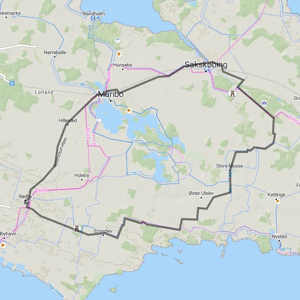 Map miniature of "Maribo Cruising" cycling inspiration in Sjælland, Denmark. Generated by Tarmacs.app cycling route planner