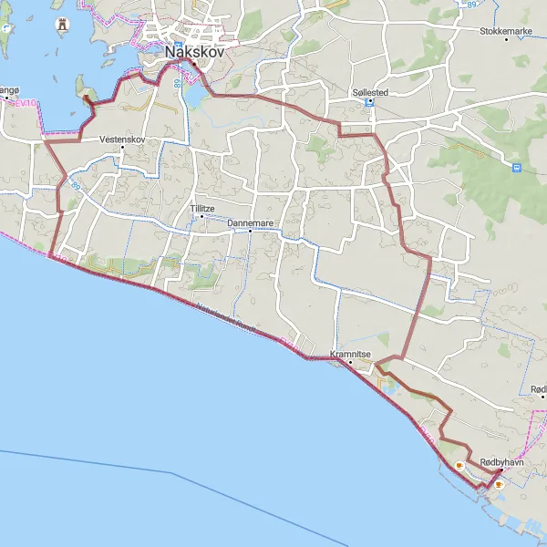 Map miniature of "Southern Lolland Gravel Adventure" cycling inspiration in Sjælland, Denmark. Generated by Tarmacs.app cycling route planner