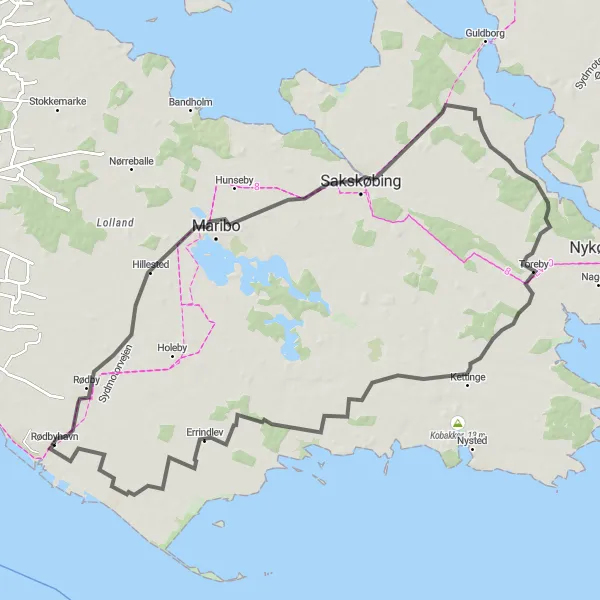 Map miniature of "Rødbyhavn Loop via Våbensted, Toreby, and Rågelunde" cycling inspiration in Sjælland, Denmark. Generated by Tarmacs.app cycling route planner