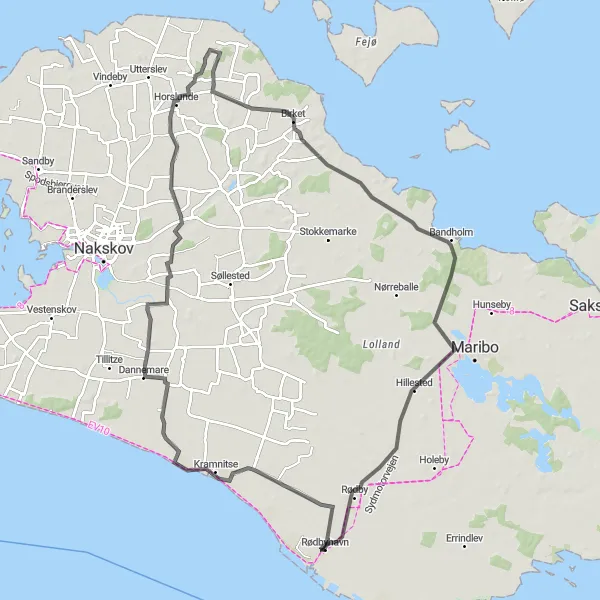 Map miniature of "Rødbyhavn Loop via Kramnitse, Halsted, Torrig, and Rødby" cycling inspiration in Sjælland, Denmark. Generated by Tarmacs.app cycling route planner