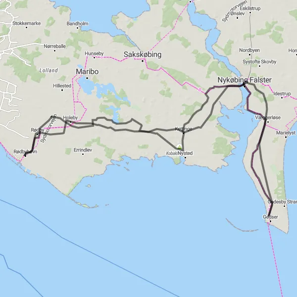 Map miniature of "Challenging Island Loop" cycling inspiration in Sjælland, Denmark. Generated by Tarmacs.app cycling route planner