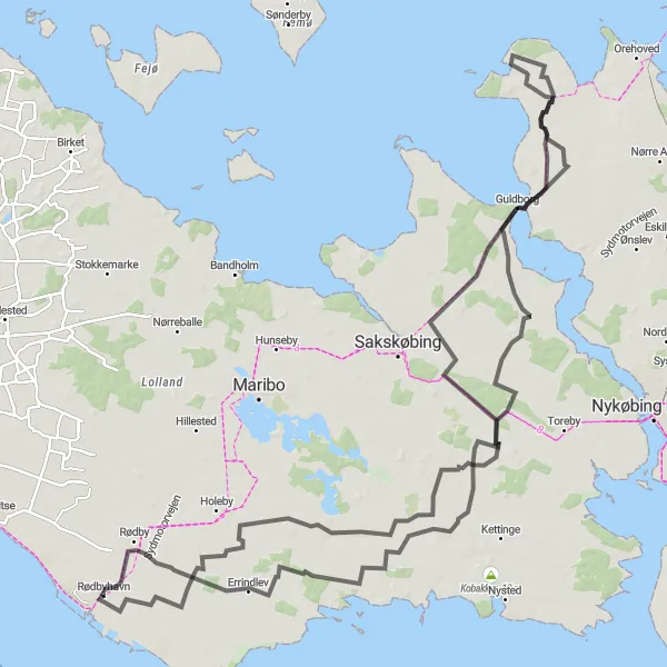 Map miniature of "Rødbyhavn Epic Road Loop via Grønnegade, Guldborg, Vålse, Dagmarhus, Døllefjelde, and Øster Ulslev" cycling inspiration in Sjælland, Denmark. Generated by Tarmacs.app cycling route planner