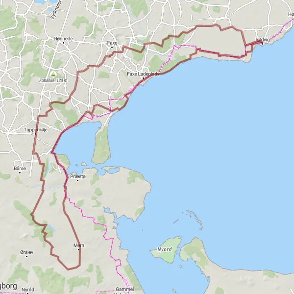 Map miniature of "Gravel Adventure through Faxe Municipality" cycling inspiration in Sjælland, Denmark. Generated by Tarmacs.app cycling route planner